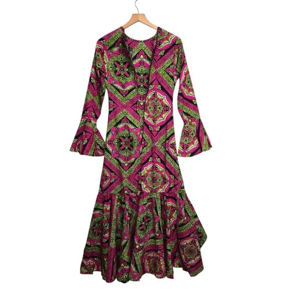 OFUURE Womens Large Pink Green African Print Colorful Maxi Dress Bell Sleeve - Picture 6 of 7